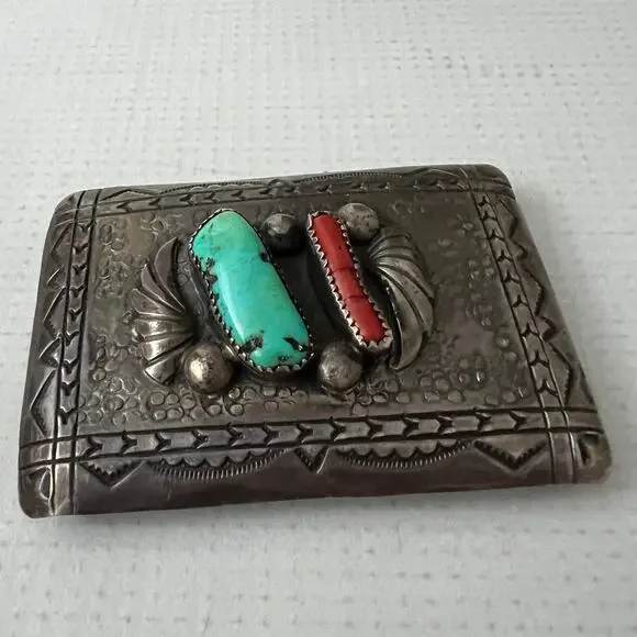 Vintage Old Pawn Silver, Turquoise, & Coral Belt Buckle